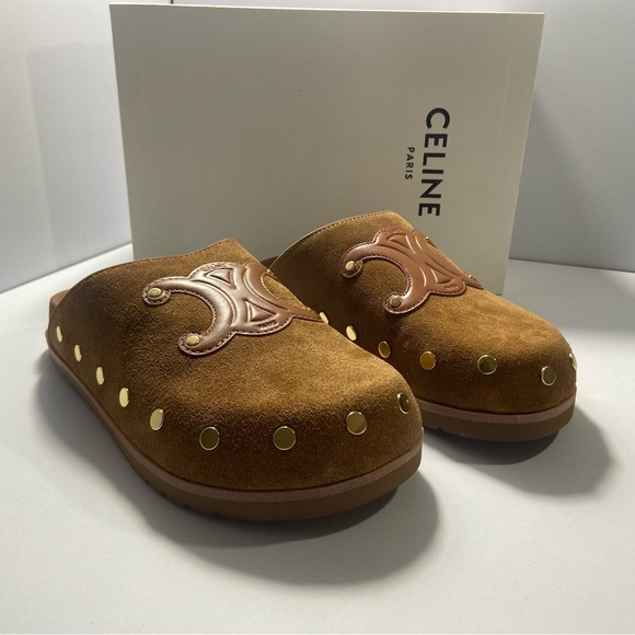 Celine Tan Suede Clogs with Gold Studs - Picture 1 of 6